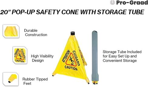 تحذير تجاري متعدد اللغات مقاس 20 بوصة، مخروط أمان منبثق للأرضيات الرطبة مع أنبوب تخزين | أصفر، تحذير - علامة تحذير للبيع بالتجزئة، البقالة، المكتب، السينما، المطاعم، مراكز التسوق | 8 عبوات in Kuwait