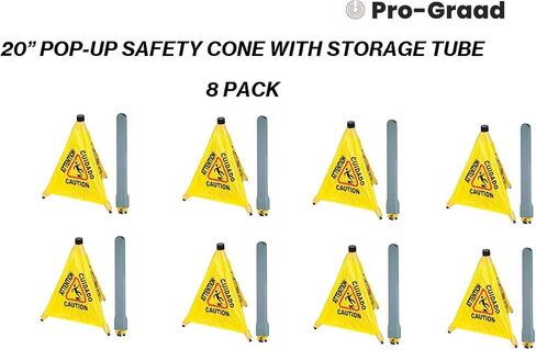 تحذير تجاري متعدد اللغات مقاس 20 بوصة، مخروط أمان منبثق للأرضيات الرطبة مع أنبوب تخزين | أصفر، تحذير - علامة تحذير للبيع بالتجزئة، البقالة، المكتب، السينما، المطاعم، مراكز التسوق | 8 عبوات in Kuwait