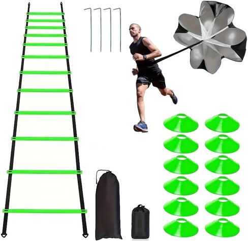 Agility Ladder Speed Training Equipment Set 20ft Agility Ladder, 4 Steel Stakes, 12 Soccer Cones, Running Parachute and Carry Bag, Speed Training Equipment for Soccer Football Basketball in Saudi Arabia