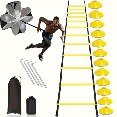 Agility Ladder Speed Training Equipment Set 20ft Agility Ladder, 4 Steel Stakes, 12 Soccer Cones, Running Parachute and Carry Bag, Speed Training Equipment for Soccer Football Basketball in Saudi Arabia
