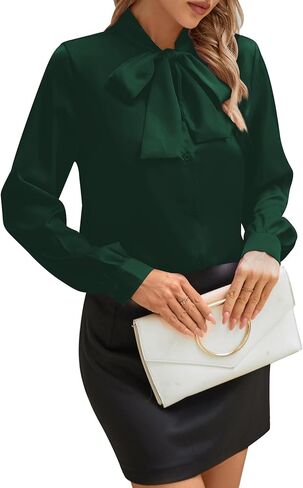 CBOO Women's Bow Tie Neck Button Down Shirts Silk Blouses Long Sleeve Elegant Satin Blouse Casual Dressy Business Tops in Kuwait