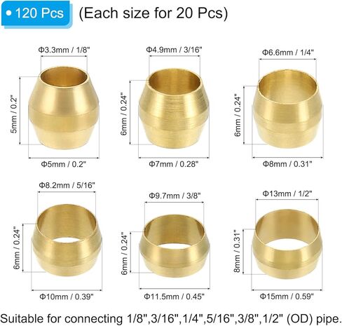 حلقة أكمام ضغط نحاسية من PATIKIL لـ 1/8 بوصة 3/16 بوصة 1/4 بوصة 5/16 بوصة 3/8 بوصة 1/2 بوصة أنبوب OD، 120 حزمة من الطويق النحاسي المناسب لأنابيب ضغط النحاس مجموعة متنوعة لغاز الماء الهوائي in Kuwait