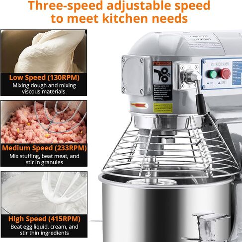 15QT Commercial Food Mixer, 600w High Efficiency Commercial Mixer with 3 Speeds & Stainless Steel Bowl, 130/233/415 Rpm Large Dough Mixer for Bakeries Restaurants Baking Equipment in Saudi Arabia