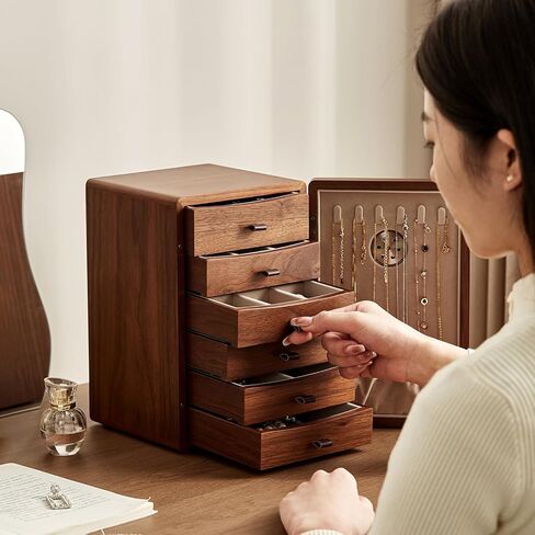 Homruilink Black Walnut Wooden Jewelry Box for Women Classical Solid Wooden 4-Layer Jewelry Organizer Prevent Oxidation Necklace Storage Layer Watch Necklace Ring Earring Gifts in Kuwait