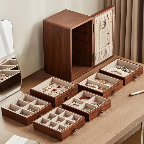 Homruilink Black Walnut Wooden Jewelry Box for Women Classical Solid Wooden 4-Layer Jewelry Organizer Prevent Oxidation Necklace Storage Layer Watch Necklace Ring Earring Gifts in Kuwait