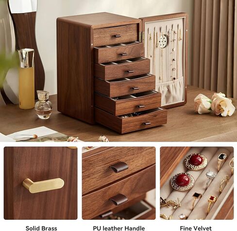 Homruilink Black Walnut Wooden Jewelry Box for Women Classical Solid Wooden 4-Layer Jewelry Organizer Prevent Oxidation Necklace Storage Layer Watch Necklace Ring Earring Gifts in Kuwait
