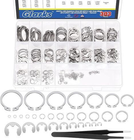 Glarks 302Pcs 304 Stainless Steel C-clip External Retaining Rings and E-clip Retaining Rings Assortment Set, 202Pcs 4MM-28MM Circlip Snap Retaining Clip and 100Pcs E-Ring Circlip Rings and A Tweezer in Saudi Arabia