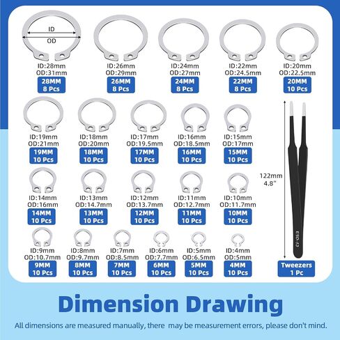 Glarks 302Pcs 304 Stainless Steel C-clip External Retaining Rings and E-clip Retaining Rings Assortment Set, 202Pcs 4MM-28MM Circlip Snap Retaining Clip and 100Pcs E-Ring Circlip Rings and A Tweezer in Saudi Arabia