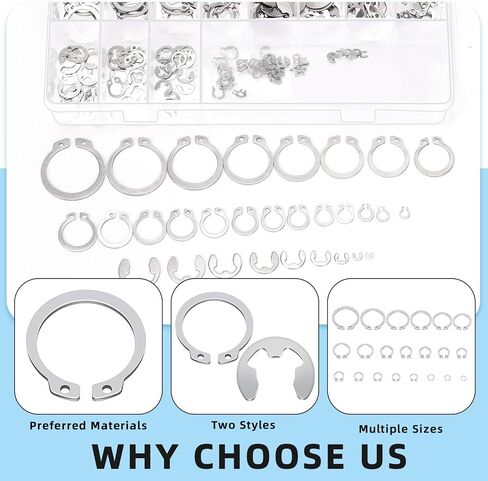 Glarks 302Pcs 304 Stainless Steel C-clip External Retaining Rings and E-clip Retaining Rings Assortment Set, 202Pcs 4MM-28MM Circlip Snap Retaining Clip and 100Pcs E-Ring Circlip Rings and A Tweezer in Saudi Arabia