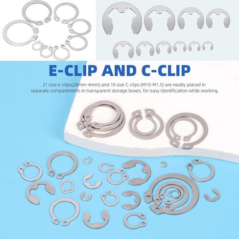Glarks 302Pcs 304 Stainless Steel C-clip External Retaining Rings and E-clip Retaining Rings Assortment Set, 202Pcs 4MM-28MM Circlip Snap Retaining Clip and 100Pcs E-Ring Circlip Rings and A Tweezer in Saudi Arabia