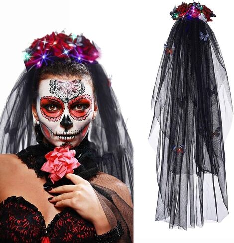 Ursumy Gothic Floral Headband Halloween Headband Rose Veil Headpiece Vintage Headdress Masquerade Cosplay Accessory for Women in Saudi Arabia