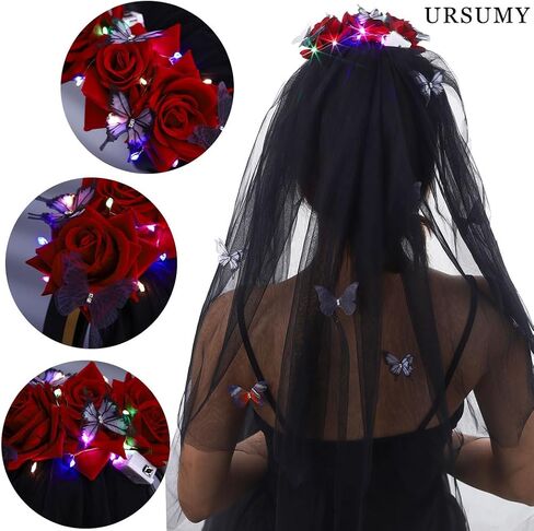 Ursumy Gothic Floral Headband Halloween Headband Rose Veil Headpiece Vintage Headdress Masquerade Cosplay Accessory for Women in Saudi Arabia