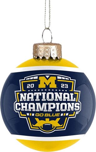 زخرفة الأبطال الوطنيين لكرة القدم الجامعية في ميشيغان NCAA 2023 - 2 5/8 بوصة زخرفة شجرة الكرة الزجاجية - جانبان - البحرية والذرة in Kuwait