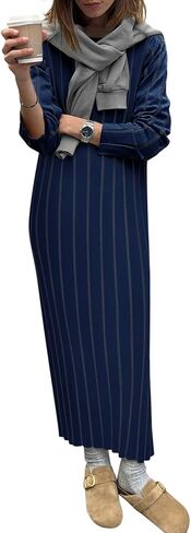 Yousify Womens 2024 Trendy Fall Long Sleeve Sweater Dresses Casual Round Neck Split Hem Bodycon Striped Long Dress in Saudi Arabia