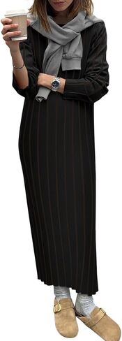 Yousify Womens 2024 Trendy Fall Long Sleeve Sweater Dresses Casual Round Neck Split Hem Bodycon Striped Long Dress in Saudi Arabia