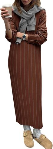 Yousify Womens 2024 Trendy Fall Long Sleeve Sweater Dresses Casual Round Neck Split Hem Bodycon Striped Long Dress in Saudi Arabia