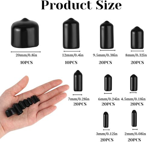 160 Pcs Rubber End Caps 2/25'' to 4/5'' Vinyl End Caps Flexible Rubber Caps Vinyl Tube Bolt Cap Rubber Screw Covers Black Bolt End Caps Screw Caps Thread Protectors for Metal Tube Rod Bolt(9 Sizes) in Saudi Arabia