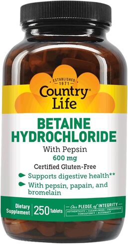 Country Life Betaine Hydrochloride with Pepsin, 600mg, 100 Tablets, Certified Gluten Free in Kuwait