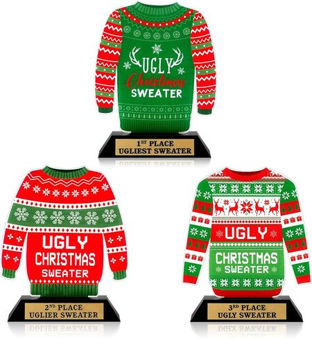 3 Pcs Xmas Ugly Sweater Trophy 6.9'' Acrylic Ugly Sweater Award for Kids Adults Ugly Sweater Trophy 1 2 3 Prize Ugly Sweater Accessories for Christmas Sweater Contest Party Supplies in Saudi Arabia