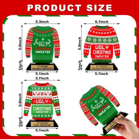 3 Pcs Xmas Ugly Sweater Trophy 6.9'' Acrylic Ugly Sweater Award for Kids Adults Ugly Sweater Trophy 1 2 3 Prize Ugly Sweater Accessories for Christmas Sweater Contest Party Supplies in Saudi Arabia