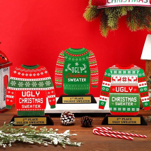 3 Pcs Xmas Ugly Sweater Trophy 6.9'' Acrylic Ugly Sweater Award for Kids Adults Ugly Sweater Trophy 1 2 3 Prize Ugly Sweater Accessories for Christmas Sweater Contest Party Supplies in Saudi Arabia