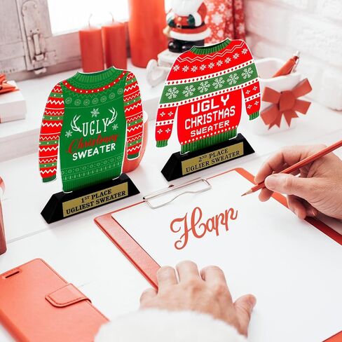 3 Pcs Xmas Ugly Sweater Trophy 6.9'' Acrylic Ugly Sweater Award for Kids Adults Ugly Sweater Trophy 1 2 3 Prize Ugly Sweater Accessories for Christmas Sweater Contest Party Supplies in Saudi Arabia