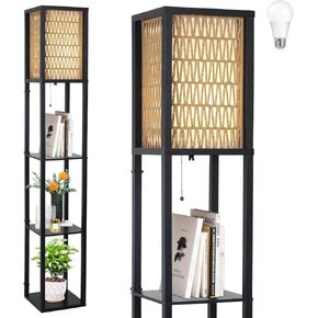 Floor Lamp with Shelves, Corner Floor Lamps for Living Room, Boho Floor Lamp with Double Shades, Rattan Standing Lamp for Bedroom Office, Shelf Tall Floor Lamp for Storage Display, Home Decor