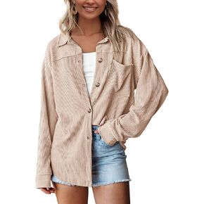PRETTYGARDEN Women’s Tops Button Down Shirts Fall Long Sleeve Shacket Jacket Loose Ribbed Knit Work Blouses with Pocket