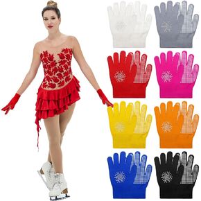 Chuarry 8 Pairs Ice Skating Gloves for Teen Anti Slip Gripper Gloves Figure Skating Accessories Gloves with Rhinestone Snowflakes Colorful Knit Gloves for Skating