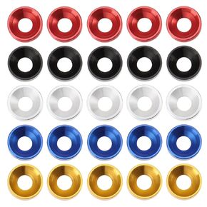 25pcs M4x10x2.5mm Countersunk Washers Alloy Aluminum Colourful Gaskets Contains 5pcs Each of Black/Red/Blue/Silver/Gold for Car Furniture Screw Accessories