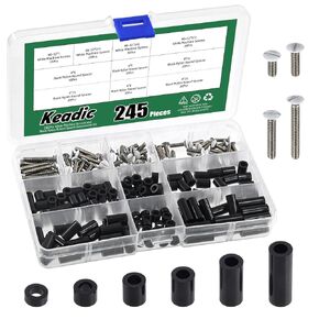 Keadic 245Pcs Electrical Outlet Screws Spacers Assortment Set Contains Black Nylon Round Spacer and 6-32 Wall Plate Screws, Electrical Outlet Extender Kit for Switch and Receptacle Spacers