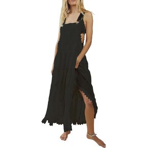 utcoco Women's Summer Laced Embroidered Tulle Bib Overall Dress Casual Loose Adjustable Straps Sleeveless Maxi Dress
