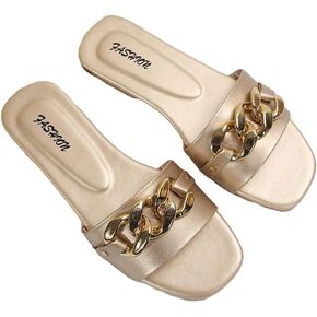 GORGLITTER Women's Metallic Sparkly Strappy Flats Sandal Cute Square Single Band Open Toe Slip on Slide Sandals