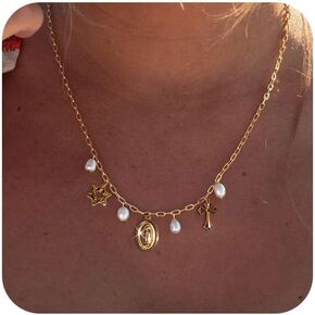 Charm Necklace for Women - Dainty Gold Paperclip Beach Charm Necklace Cute Shell Necklace Moon Star Accessory Beach Cross Hexagram Pendant Preppy Stuff Summer Jewelry for Women