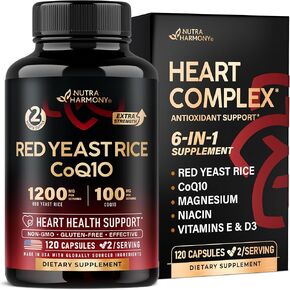 Red Yeast Rice 1200 mg with CoQ10 100 mg - with Magnesium | Niacin | Vitamin E & D3 - Heart Health Support, Energy & Metabolism - Effective, Flush-free & Laboratory Tested - Made in USA, 120 Capsules