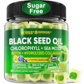 NEVISS Black Seed Oil Gummies, Chlorophyll & Sea Moss Supplement 500mg, Biotin 500mcg with Hydrolyzed Collagen for Skin, Hair & Nails Health, Digestion, Joint, Organic Cold Pressed - High Absorption