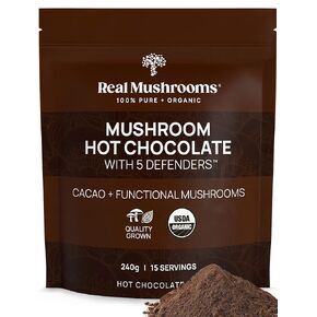 Real Mushrooms Organic Hot Chocolate Mix with 5 Defenders (Turkey Tail, Chaga, Maitake, Shiitake, & Reishi Mushroom) - Organic Cacao Powder - Vegan Mushroom Supplement, Gluten-Free, 15 Servings