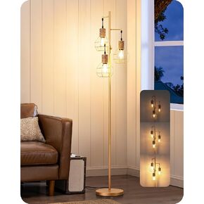 EDISHINE Dimmable Farmhouse Floor Lamp for Living Room, Industrial Black Standing Lamp with 3 LED Edison Bulbs, Corner Rustic Rattan Tall Tree Reading Lamps Home Decor for Bedroom, Office