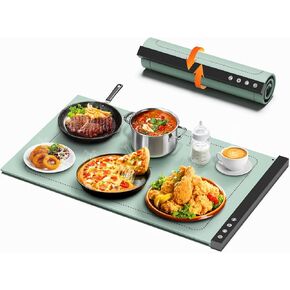 Warming Mat for Food - Full Surface Rapid Heating, Rollable & Portable Food Warmer Mat with 6 Temperature Settings and 1-4 hours adjustable Timer, Silicone Heating Mat for Party Buffet (Grayish green)