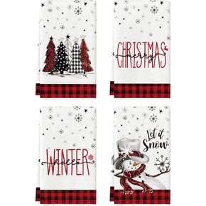 Artoid Mode Red Black Buffalo Plaid Snowman Xmas Trees Christmas Kitchen Towels Dish Towels, 18x26 Inch Daily Seasonal Winter Decoration Hand Towels Set of 4