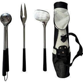 Outset Stainless Steel Golf Club Grill Tool Set, Includes Tool Golf Bag, Spatula, BBQ Fork, and Tongs