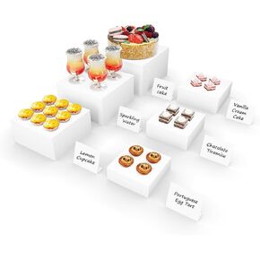 6 Pcs Buffet Risers, Food Risers for Buffet Table, Food Display Stand for Party Catering Dessert Jewelry Collectibles Figures Show, White Acrylic Cube Boxes Nesting Risers with Hollow Bottoms