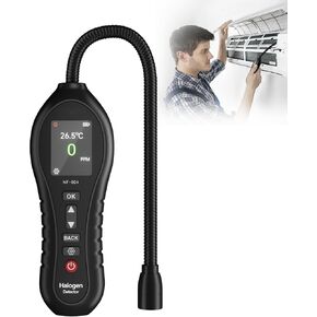 Halogen Gas Detector Air Condition Refrigerant Leak Detector 0-1000ppm Halogen Freon Leak Detector HVAC CFCs HCFCs HFCS R12 R22 R134a R410a with 25cm Probe High Sensitivity 3 Alarm Types