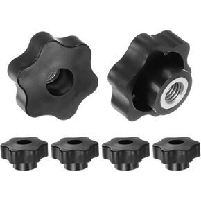 HARFINGTON 6pcs Star Knobs M12 Female Thread 48mm 6-Point Plastic Head Metal Insert Through Hole Screw-in Threaded Hand Knob Clamping Handle, Black