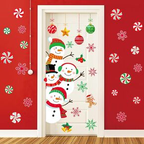 Whaline Christmas Door Stickers Decor Santa Snowman Elk Candy Snowflake Door Stickers Large Xmas Mural Decals for Winter Home Refrigerator Garage Door Wall Window Decoration, 11.8 x 35.4 Inch, 2Pcs