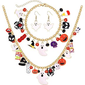 YAHPERN Halloween Necklace Bracelet Earrings for Women Halloween Jewelry Accessories Spooky Pumpkin Candy Corn Boo Pendant Necklace Spider Ghost Charm Bracelet Halloween Outfits Party Favor