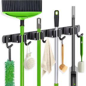 ZONGOOL 2 Pack Broom Holder Wall Mount, 4 Racks and 5 Hooks Mop Hanger Wall Mount Broom Organizer Stainless Steel Heavy Duty Garage Tool Racks for Home Kitchen Garden Laundry (Black)