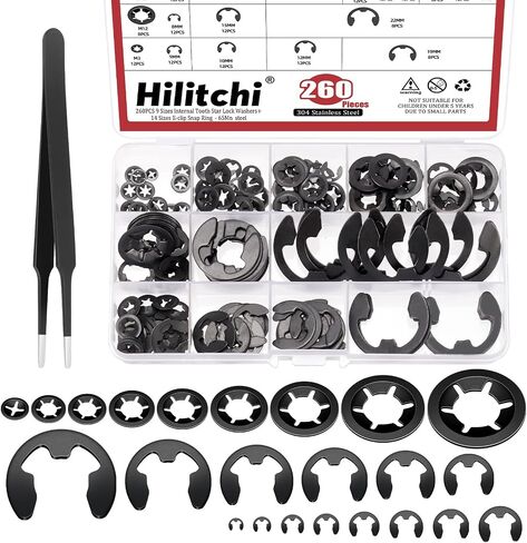 Hilitchi 261Pcs Steel Black Oxide Finish Push on Locking Washer External Retaining Ring Internal Tooth Star Lock Washers E Clip with Tweezer for Machine Shaft Electrical Automobiles in Saudi Arabia