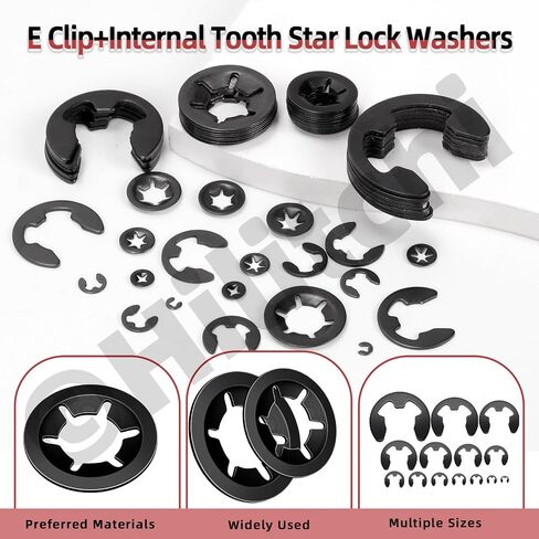 Hilitchi 261Pcs Steel Black Oxide Finish Push on Locking Washer External Retaining Ring Internal Tooth Star Lock Washers E Clip with Tweezer for Machine Shaft Electrical Automobiles in Saudi Arabia
