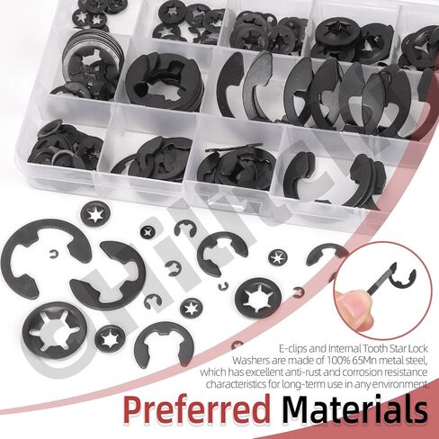Hilitchi 261Pcs Steel Black Oxide Finish Push on Locking Washer External Retaining Ring Internal Tooth Star Lock Washers E Clip with Tweezer for Machine Shaft Electrical Automobiles in Saudi Arabia